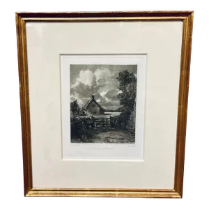 Antique Black and White Engraving Landscape of a Cottage of a Cornfield” by John Constable
