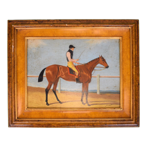 Jockey W/ Pink Sleeves Astride Racehorse