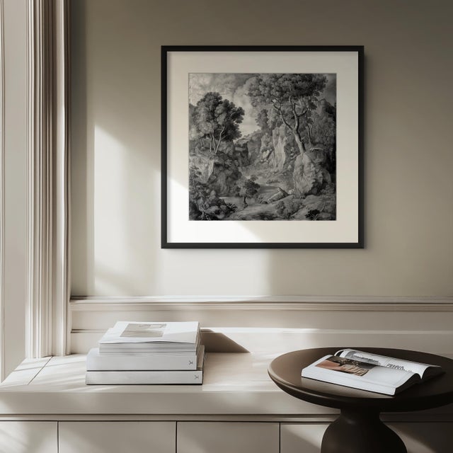 Contemporary 14" X 14" Grisaille Landscape Original Print 16th Century Style / Black and White For Sale - Image 3 of 4