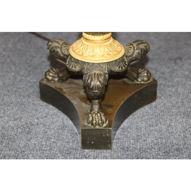 Pair of Antique Candlestick French Empire Patinated and Gilt Bronze Table Lamps For Sale In Philadelphia - Image 6 of 9