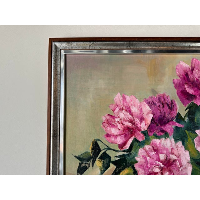 1970s 1970's Vintage Still Life of Peonies in a Vase, Oil Painting, Signed For Sale - Image 5 of 10