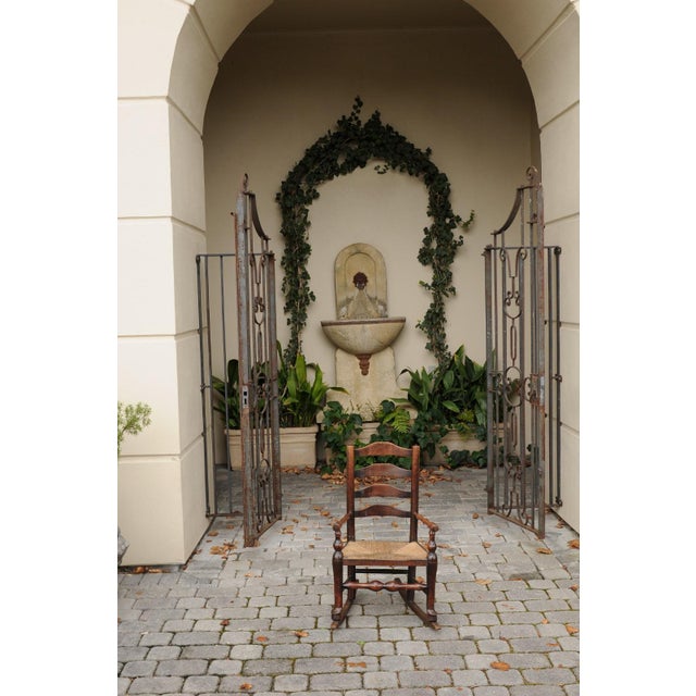 English 1800s Georgian Period Plum Wood Child's Rocking Chair with Rush Seat For Sale - Image 4 of 11