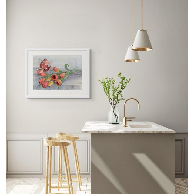 2020s "Teatime in Spring" Original Impressionist Flower Still Life Watercolor on Paper Painting Art by Anna Novick, Framed For Sale - Image 5 of 6