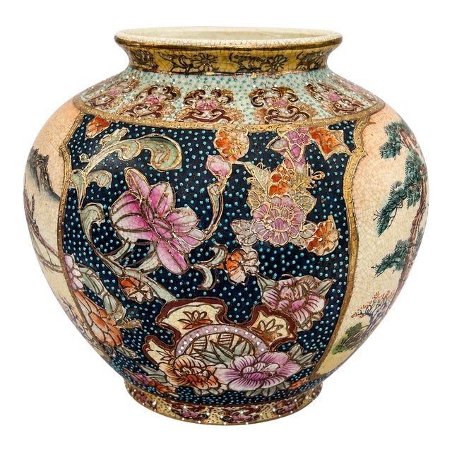 Vintage Japanese Satsuma Vase With Moriage Floral & Figural Warrior Panels, Made in Japan For Sale