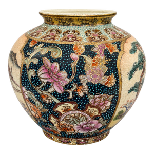 Vintage Japanese Satsuma Vase With Moriage Floral & Figural Warrior Panels, Made in Japan