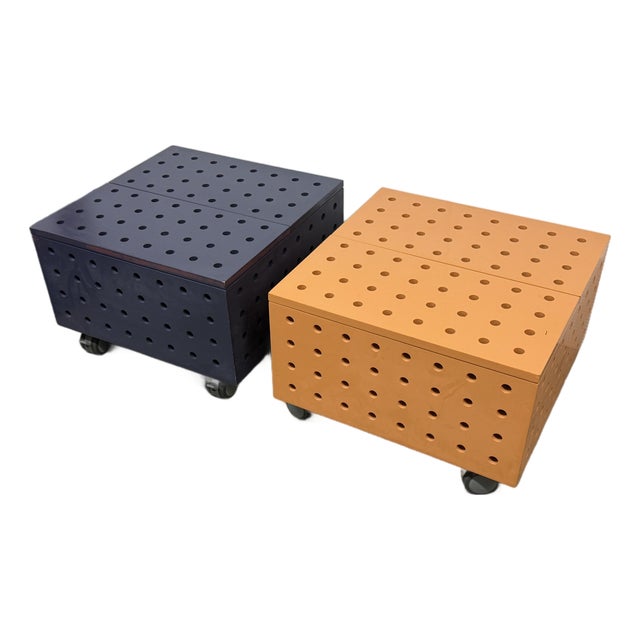 Purple + Orange Peg Board Storage Tables on Casters, Set of Two For Sale