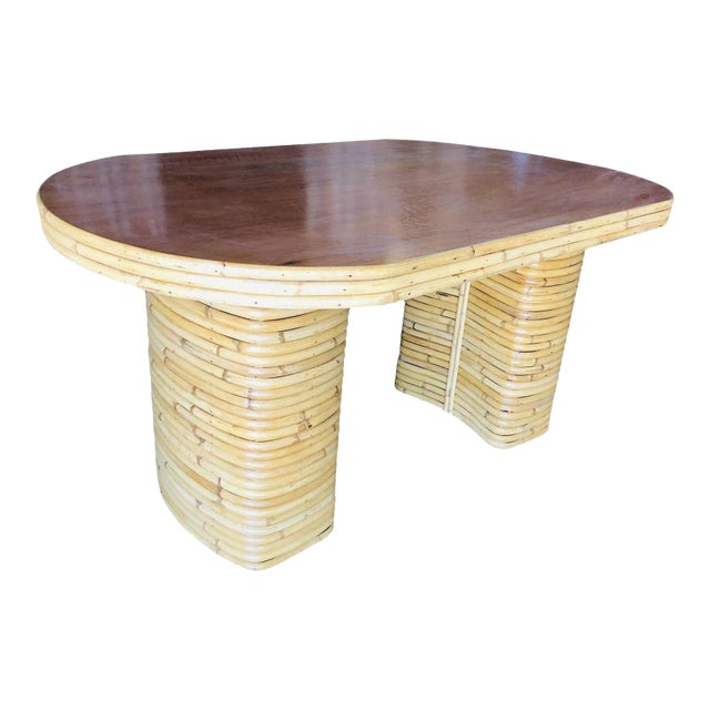 1950s Restored Oval Stacked Rattan Dining Table With Mahogany Top For Sale