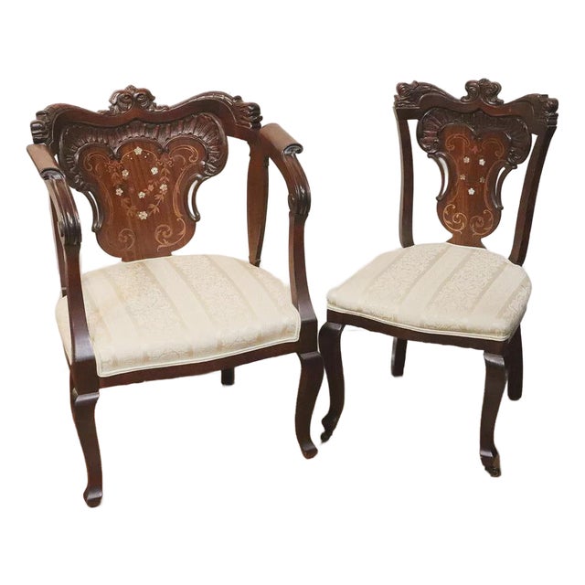 French Style Antique Mahogany Armchair & Single Chair Mother of Pearl For Sale