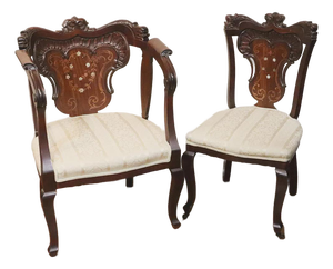 French Style Antique Mahogany Armchair & Single Chair Mother of Pearl