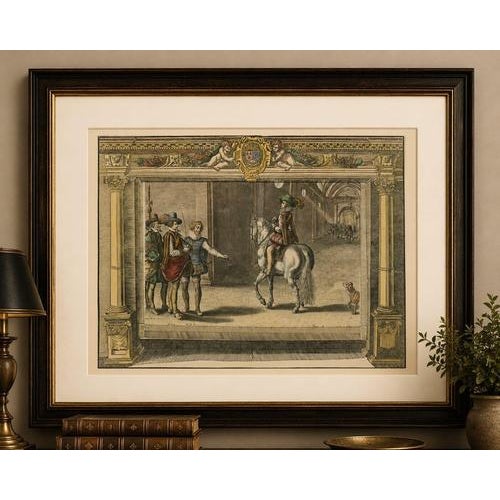 Antique Equestrian Court Engravings Set of 2, French Renaissance Scenes, c.1623 A highly decorative and atmospheric pair...