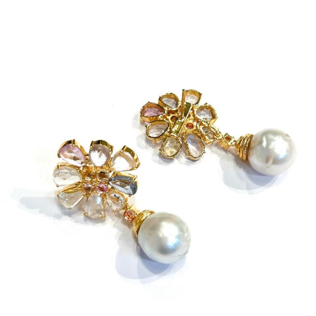 Bochic "Orient" Vintage Sapphire & White Pearls Earrings Set 18K Gold & Silver For Sale - Image 18 of 18