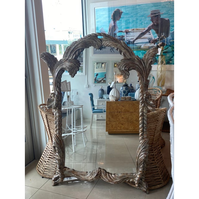 Labarge Vintage LaBarge Italian Silver Wood Carved Palm Tree Frond Wall Mirror Serge Roche Style For Sale - Image 4 of 11