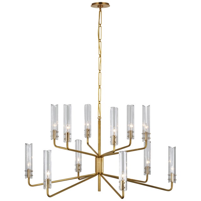 Modern AERIN for Visual Comfort Signature Casoria Large Two-Tier Chandelier in Hand-Rubbed Antique Brass with Clear Glass For Sale - Image 3 of 6
