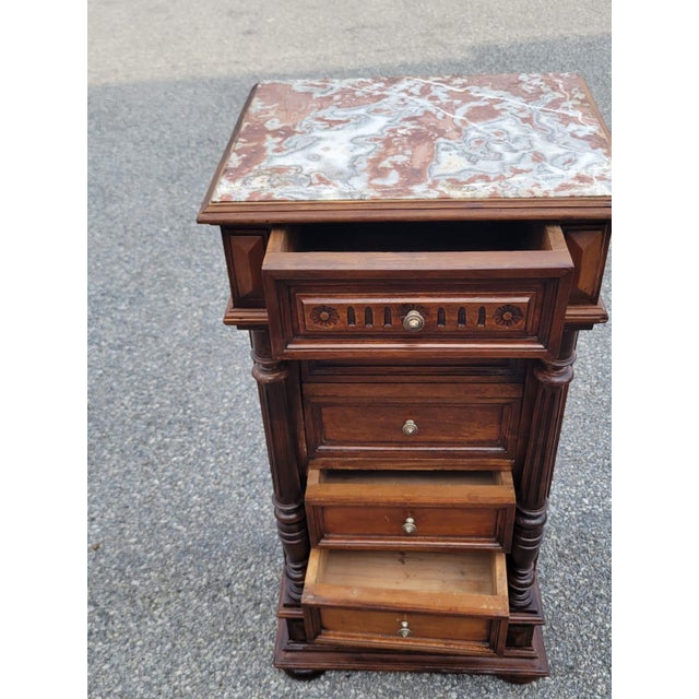 19th Century French Antique Walnut Marble Top Bedside Cabinet Nightstand For Sale - Image 18 of 18