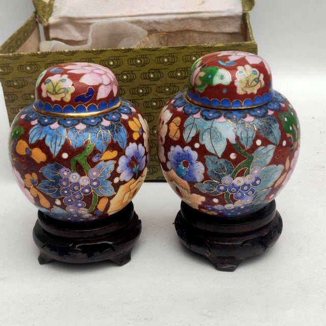 This is a charming pair of vintage cloisonné enamel lidded jars, attributed to the "export creation" period of the mid-to-...