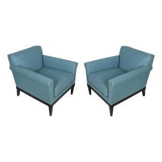 Pair of James Mont Style Vintage Armchairs in Blue Raw Silk For Sale