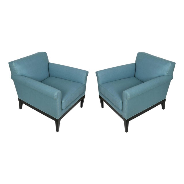 Pair of James Mont Style Vintage Armchairs in Blue Raw Silk For Sale