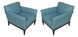Pair of James Mont Style Vintage Armchairs in Blue Raw Silk