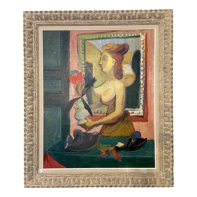 Sigismund Kolos-Vary, Cubist Woman with Tulip, 1936, 1936, Oil on Canvas, Framed For Sale