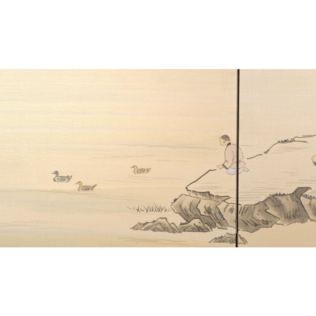 Wood Mid 20th Century Japanese Byobu "A Lunch Gathering in Nature" Signed Chopmarked 4-Panel Silk Screen in Excellent Condition For Sale - Image 7 of 9