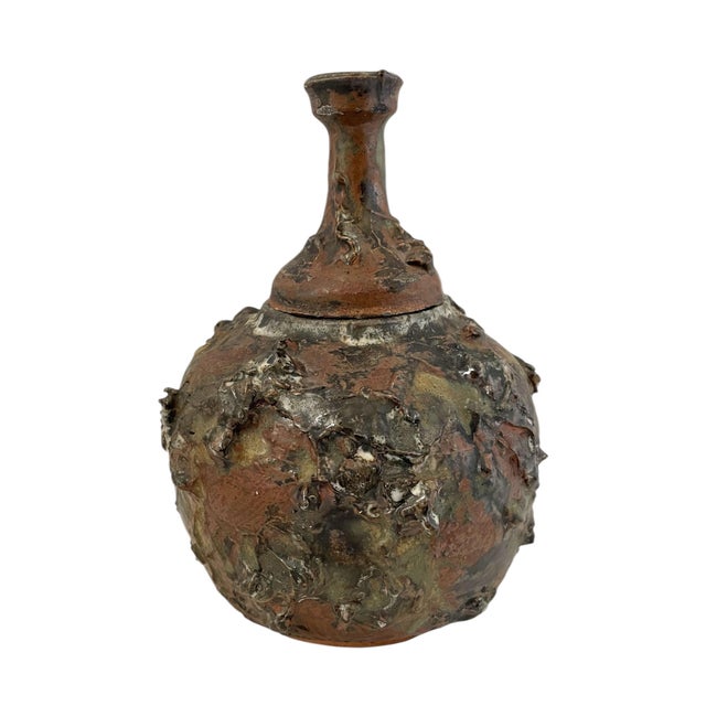 Brutalist Studio Green & Brown Textured Ceramic Large Urn With Lid. Signed For Sale - Image 4 of 7
