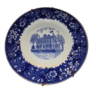 1920s Blue and White Americana Lincoln's Home Staffordshire Plate For Sale