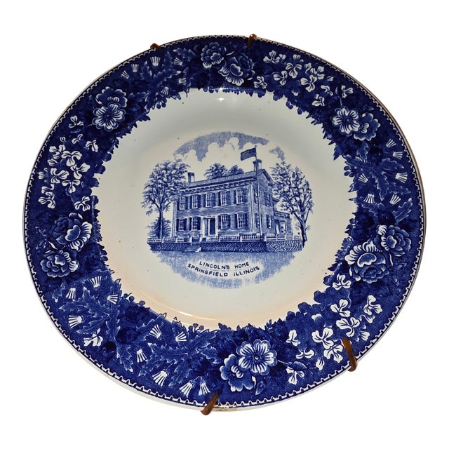 1920s Blue and White Americana Lincoln's Home Staffordshire Plate For Sale