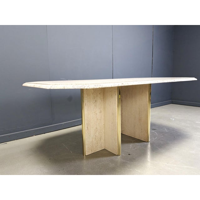 Metal Vintage Italian Travertine and Brass Dining Table, 1970s For Sale - Image 7 of 7