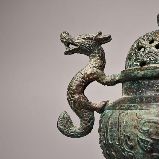 Bronze Late 19th Century Bronze Tripod Censer With Deer Finial, 2400g, Archaic Motifs For Sale - Image 8 of 10