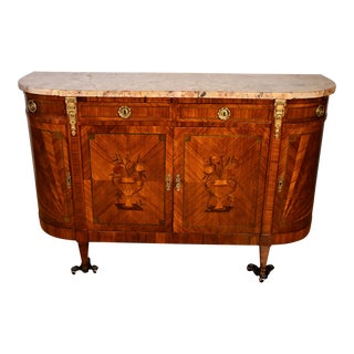 1880 Antique French Louis XVI Walnut & Satinwood Marble Top Sideboard Buffet For Sale
