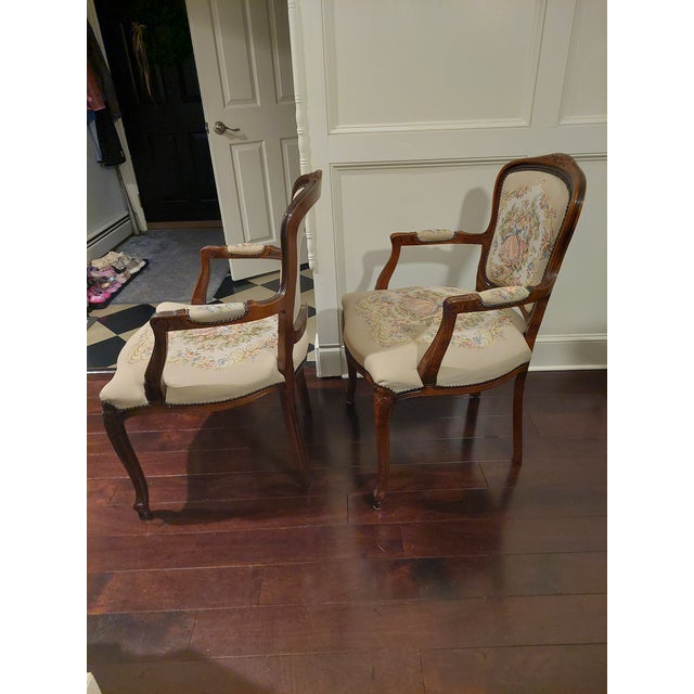 French Provincial Louis XV Style Carved Wood Arm Chairs With Floral Tapestry Upholstry For Sale - Image 3 of 8