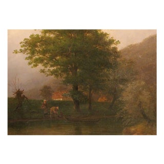 Walther Wünnenberg, Evening Landscape with Boat and Figures, 19th Century, Oil on Wood, Framed For Sale