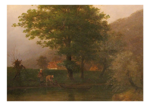 Walther Wünnenberg, Evening Landscape with Boat and Figures, 19th Century, Oil on Wood, Framed