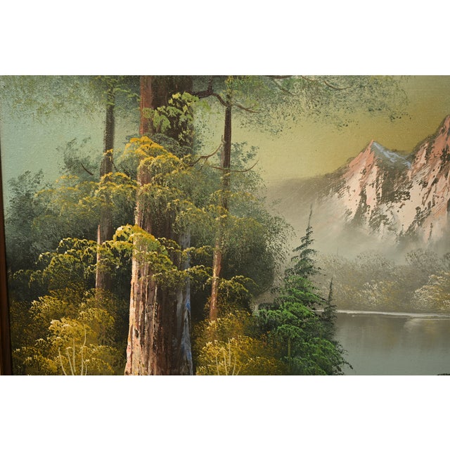 Wood Bob Ross Style Original Signed Lakeside Mountain Landscape Oil Painting in Carved Wood Frame For Sale - Image 7 of 16