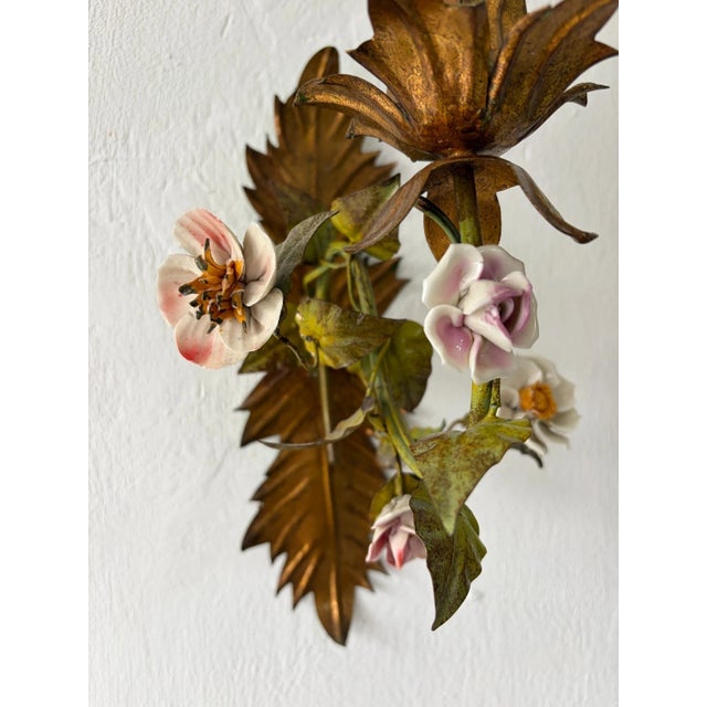 Late 19th Century 19th Century Italian Tole and Porcelain Roses Polychrome Sconces Vibrant For Sale - Image 5 of 7