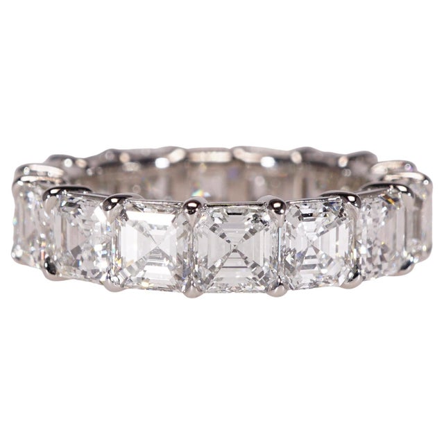 GIA Certified 6.61 Carat Asscher Cut Diamond Wedding Eternity Band, Size 6 For Sale In New York - Image 6 of 7