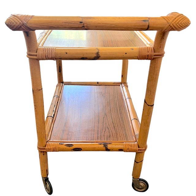 1960s Burnt Bamboo & Rattan Wrapped Two-Tier Drinks or Bar Cart on Casters For Sale - Image 9 of 12
