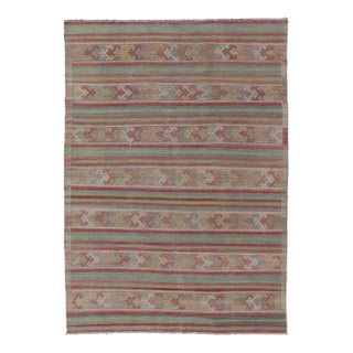 Colorful Vintage Embroidered Kilim With Stripes and Alternating Geometric Motifs For Sale