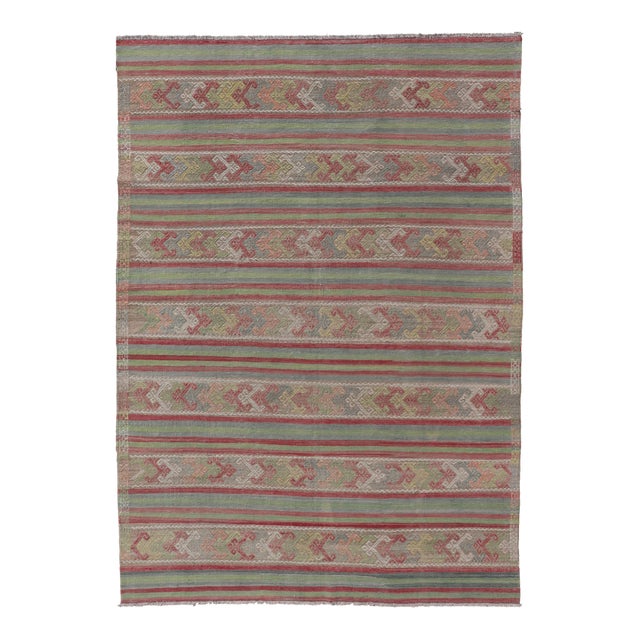 Colorful Vintage Embroidered Kilim With Stripes and Alternating Geometric Motifs For Sale