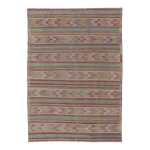 Colorful Vintage Embroidered Kilim With Stripes and Alternating Geometric Motifs