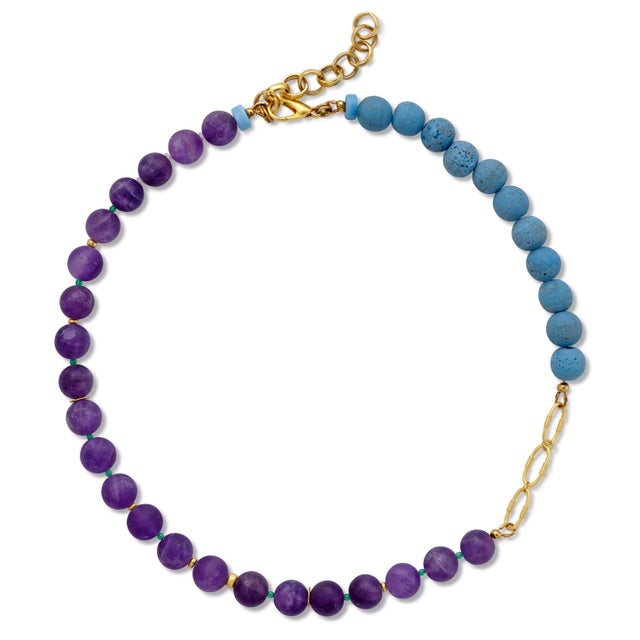 Purple Amethyst & Blue Ceramic Gold Chain Necklace For Sale - Image 8 of 8