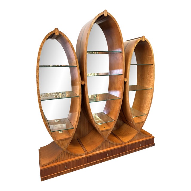 Vintage Art Deco Style Fan & Feather Shaped Three Section Lighted Display Cabinet For Sale