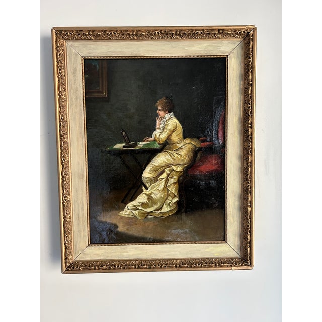Wood Early 20th Century B. Troncoso “Lady in Yellow at Her Desk” – After Thomas Wilmer Dewing Elegant Gilded Age Interior Scene For Sale - Image 7 of 7
