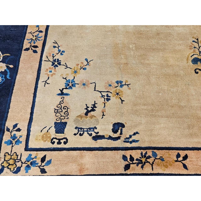 Antique Chinese Peking Rug, Hand-Knotted Wool Pile, Pale Tan & Blue, 9' x 12' For Sale - Image 18 of 18