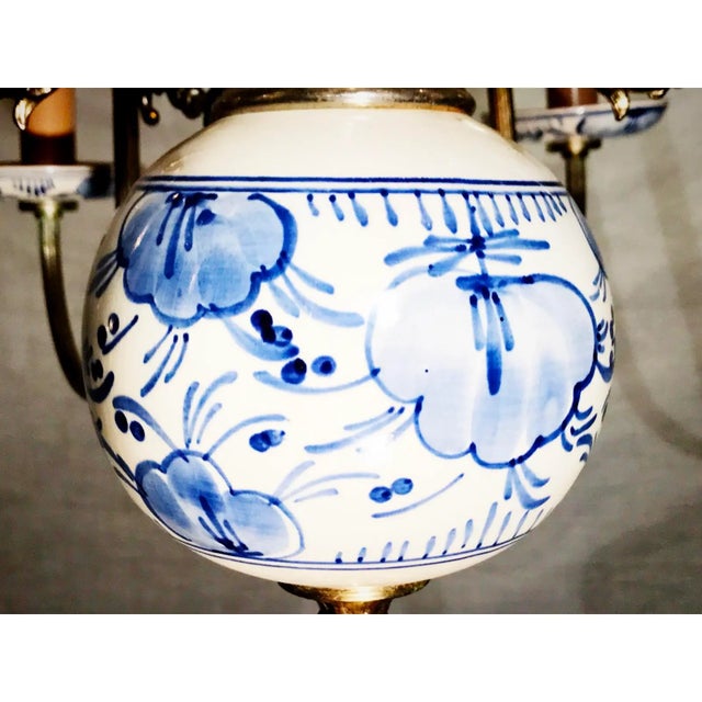 1960s Vintage Tuscan Blue and White Eight-Arm Chandelier With Shades For Sale - Image 5 of 7