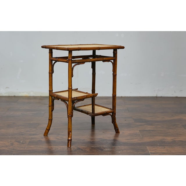 Wood English 1920s Bamboo and Woven Rattan Side Table with Sectioned Shelves For Sale - Image 7 of 12