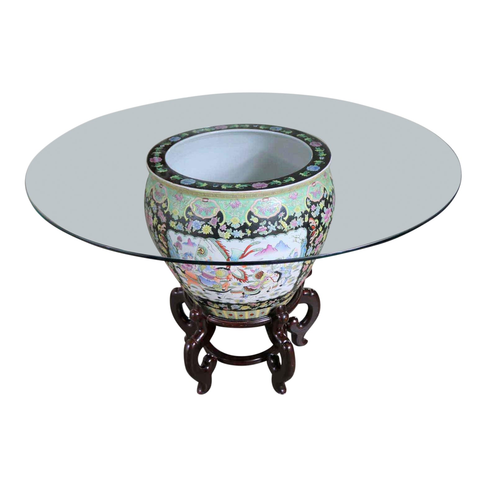 Chinese Porcelain Fish Bowl on Stand With Round Glass Top as Dining or Center Table Chairish