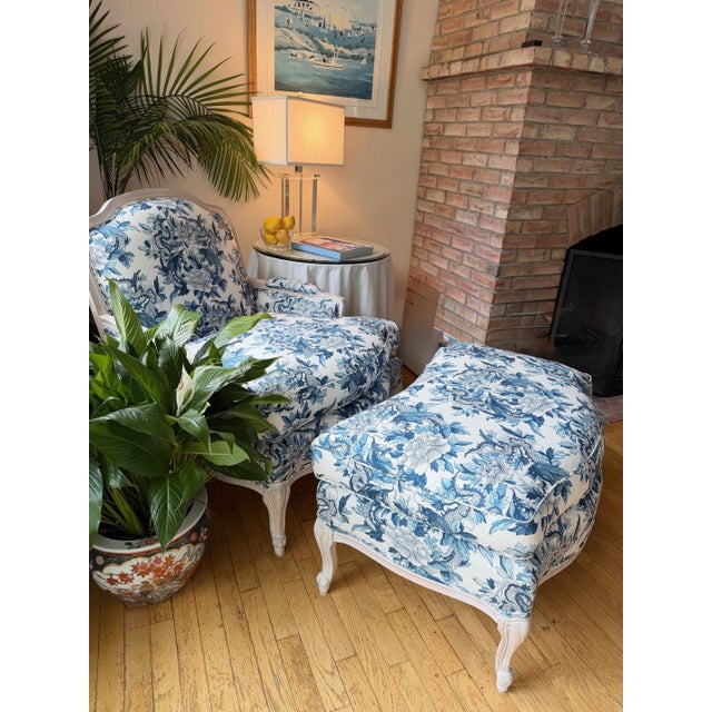Custom Blue and White Marquis Bergere Chair and Ottoman Set Upholstered in Ralph Lauren For Sale - Image 9 of 18