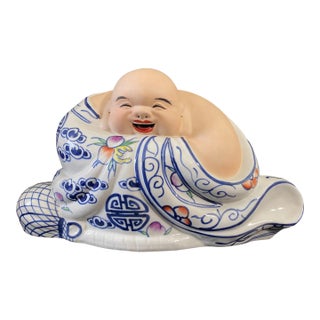 Vintage Chinoiseire B & W Porcelain Laughing Buddha 16" W For Sale