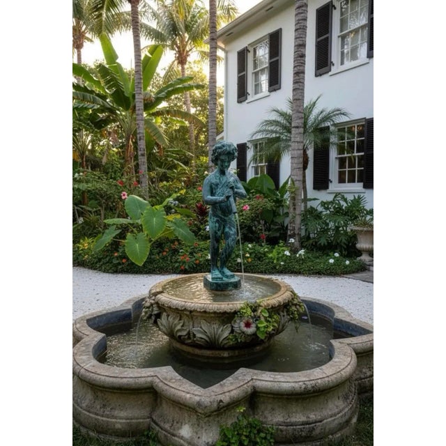 Vintage-Style Bronze Boy Playing Flute Fountain With Verdigris Patina For Sale In West Palm - Image 6 of 9